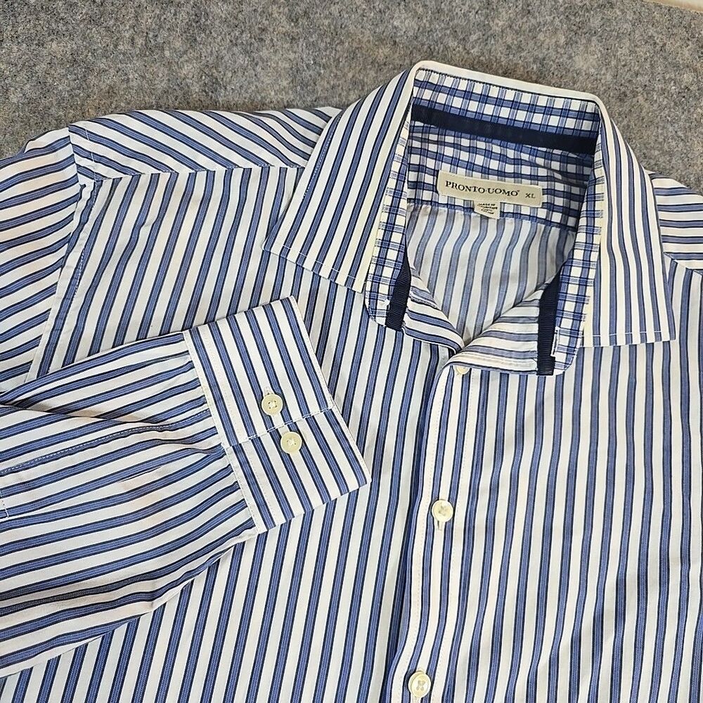 Pronto Uomo Button Up Dress Shirt Men's XL Blue White Striped Long Sleeve Cotton